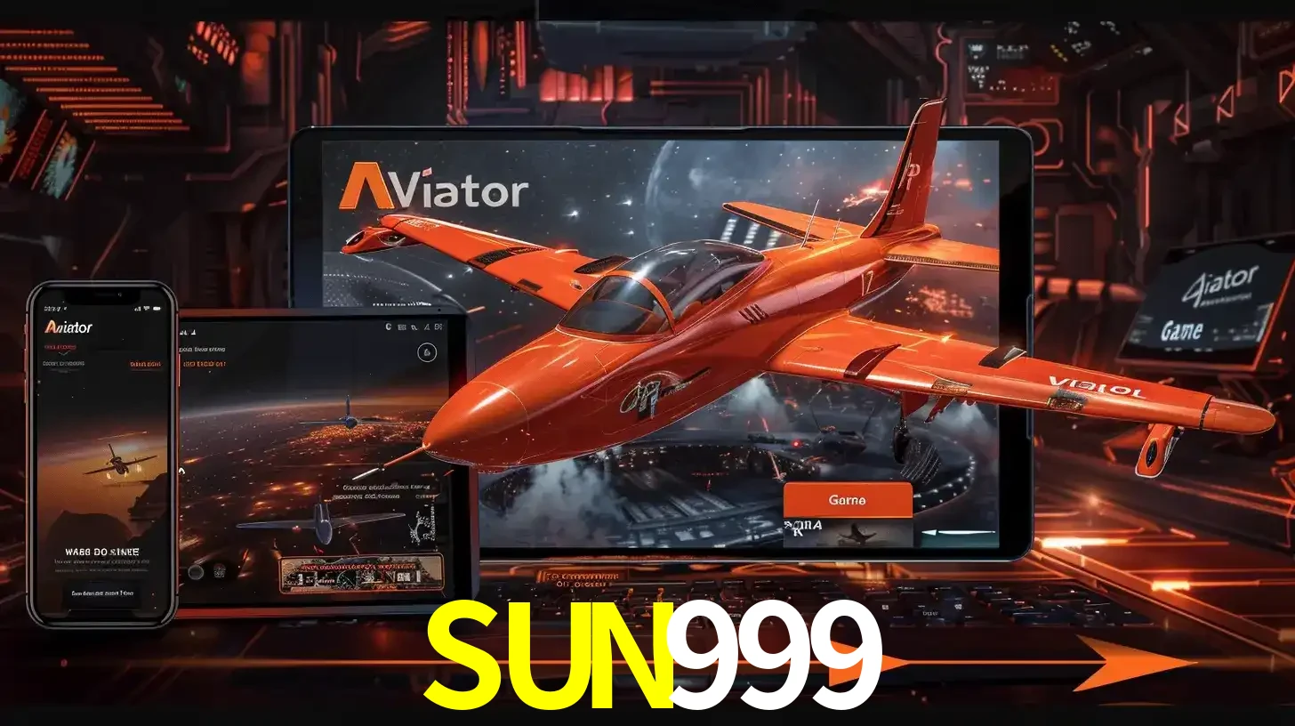 Apresentação tecnológica do jogo Aviator com um avião saindo da tela de um tablet, demonstrando a experiência imersiva em múltiplos dispositivos no SUN999.