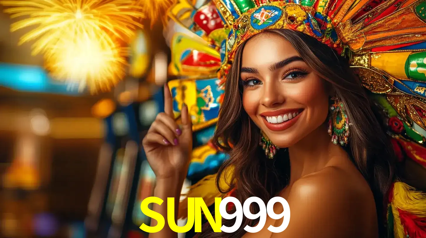 Mulher sorridente com um cocar de carnaval vibrante e colorido, celebrando uma grande vitória nos jogos do cassino SUN999 com fogos de artifício ao fundo.