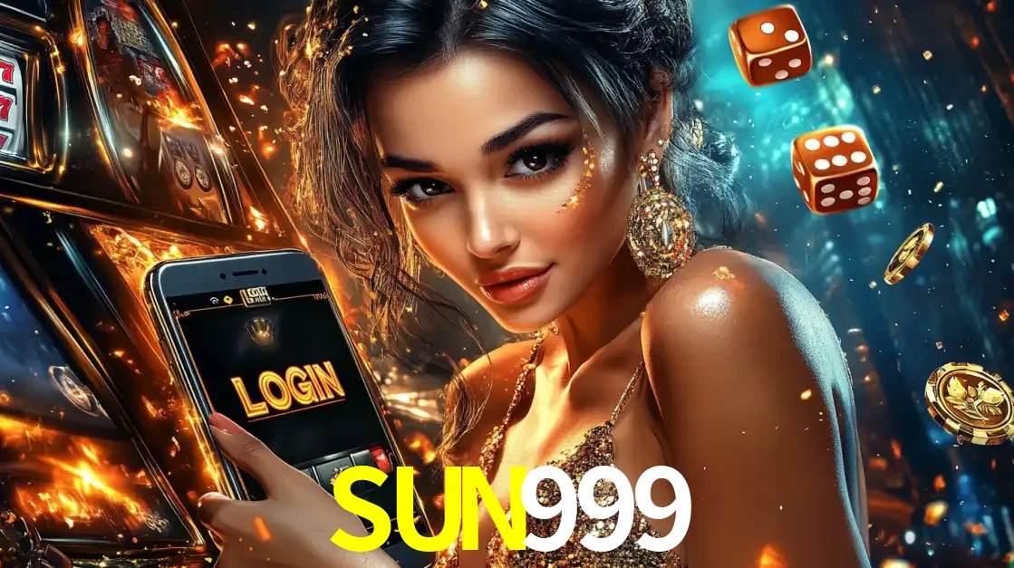 Mulher glamourosa segurando um celular com a tela de login do cassino SUN999, rodeada por dados e moedas douradas, pronta para começar a diversão.