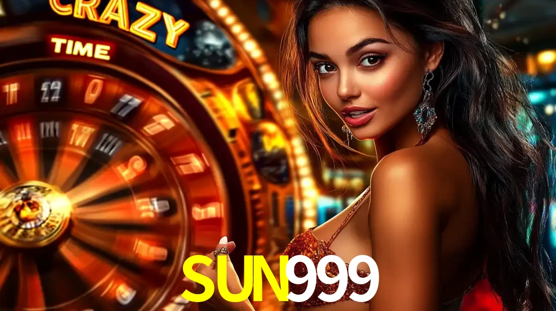 Mulher ao lado da roda de prêmios do jogo de cassino ao vivo Crazy Time, um dos shows de jogos mais emocionantes oferecidos pela plataforma de apostas SUN999.