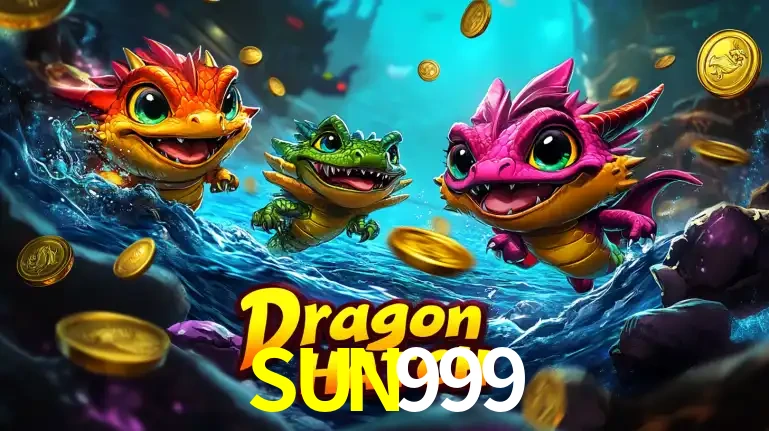 Arte promocional do jogo Dragon Hatch com três adoráveis dragões bebês nadando entre moedas de ouro, um dos slots mais divertidos para jogar no cassino SUN999.