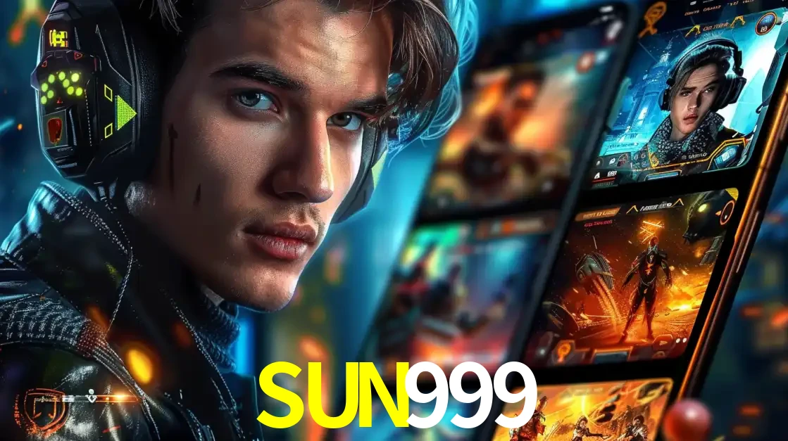 Jovem jogador com fones de ouvido olhando para a câmera, com um aplicativo de jogos e e-sports para celular ao fundo, pronto para a competição e apostas no SUN999.