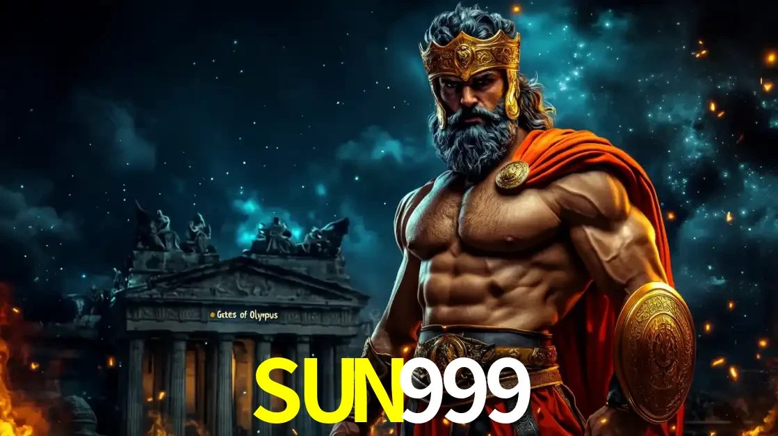 O poderoso Zeus do jogo de slot Gates of Olympus em frente ao seu templo, pronto para lançar multiplicadores divinos e prêmios épicos no cassino online SUN999.