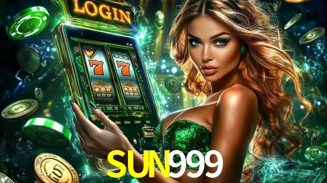 Mulher com tema verde apresentando o aplicativo do cassino SUN999 com um jogo de slot de 777, cercada por fichas de cassino e uma aura de sorte.