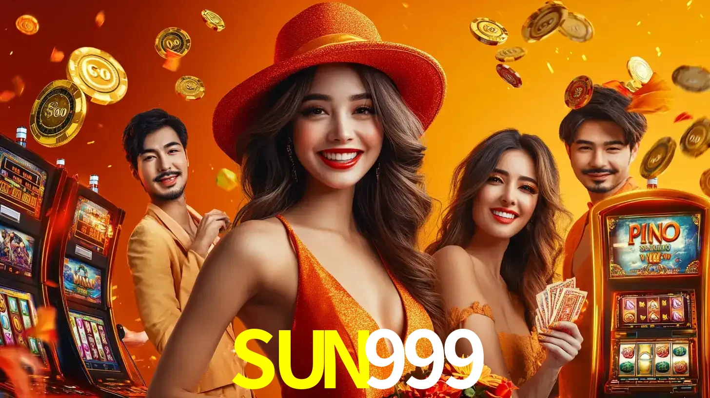 Grupo de amigos asiáticos sorrindo e se divertindo com máquinas de caça-níqueis em um ambiente festivo, celebrando suas vitórias nos jogos de cassino do SUN999.