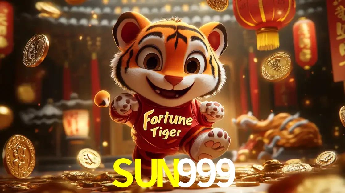 O alegre personagem do Fortune Tiger correndo sobre um caminho de moedas de ouro, simbolizando os grandes prêmios e a diversão do popular jogo de slot do SUN999.