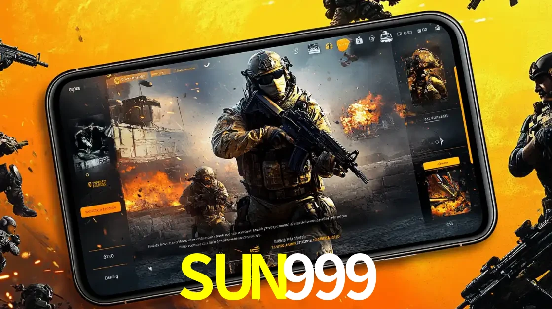 Um smartphone exibindo a interface de um jogo de tiro em primeira pessoa, com um soldado em um cenário de batalha, representando a ação dos e-sports para apostar no SUN999.