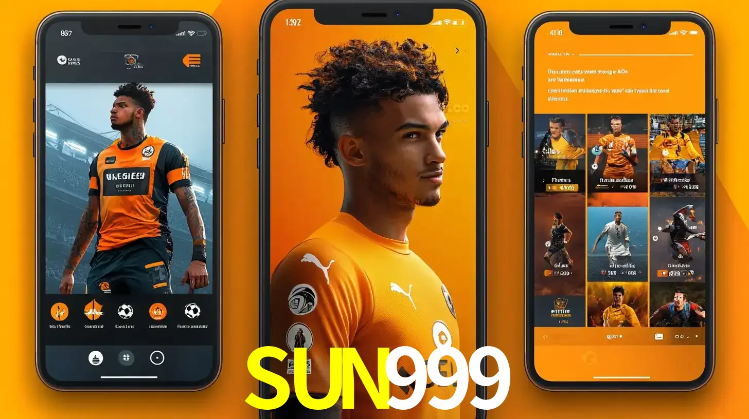 Interface do aplicativo de apostas esportivas SUN999 em três telas de celular, mostrando o perfil de um jogador de futebol e a lista de jogos disponíveis para apostar.