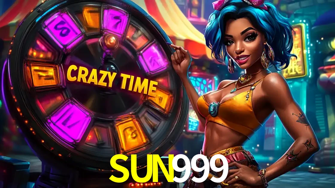 Mulher estilizada com cabelo azul e visual vibrante posando ao lado da roda de prêmios do game show Crazy Time, convidando para a diversão e os bônus do cassino SUN999.