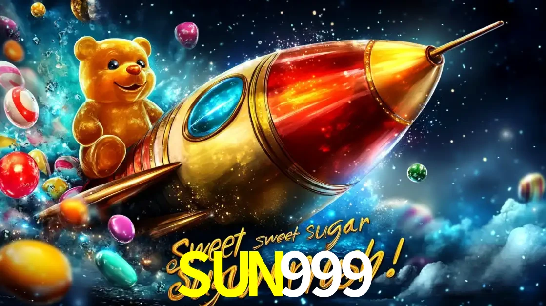 Arte promocional do jogo de slot Sugar Rush, com um urso de pelúcia em um foguete viajando pelo espaço de doces, um dos jogos divertidos disponíveis no cassino SUN999.