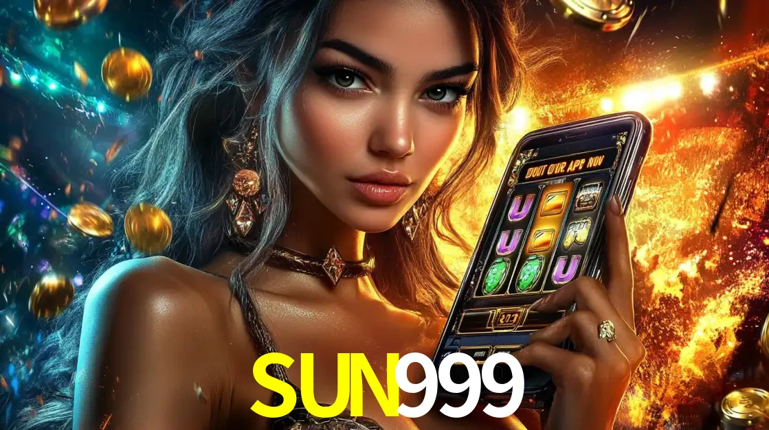 Mulher elegante mostrando um jogo de caça-níqueis em seu smartphone, destacando a experiência de cassino móvel oferecida pelo aplicativo SUN999.