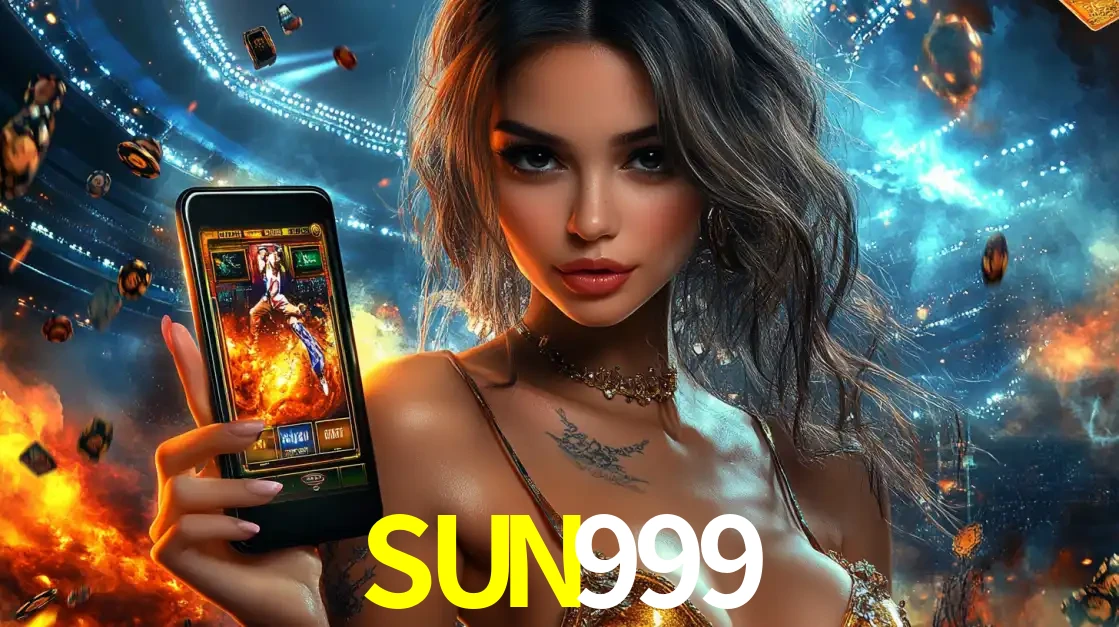Mulher segurando um celular com um jogo de slot em destaque, tendo como fundo um estádio vibrante, simbolizando a emoção de jogar no cassino móvel SUN999.