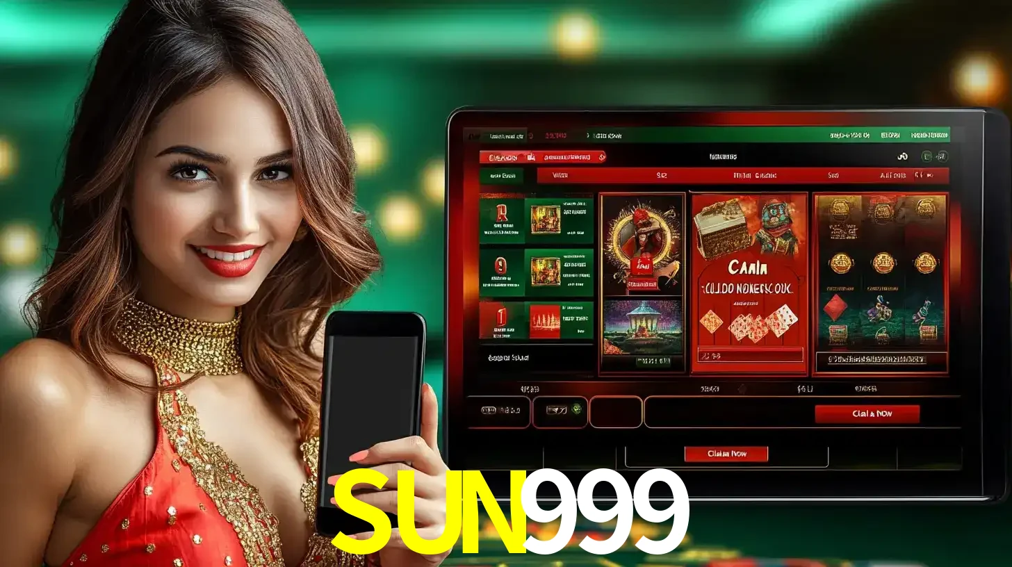 Mulher sorridente segurando um smartphone, ao lado de uma tela exibindo o lobby de jogos do cassino online SUN999, com várias opções de jogos de cartas e slots.
